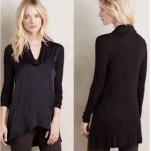NWT Anthropologie Deletta Black Satin Drape Front Soft Knit Cowl Neck Top